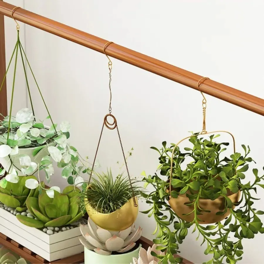 3 Tier Dark-Stained Bamboo Plant Shelving Unit with Hanging Rack