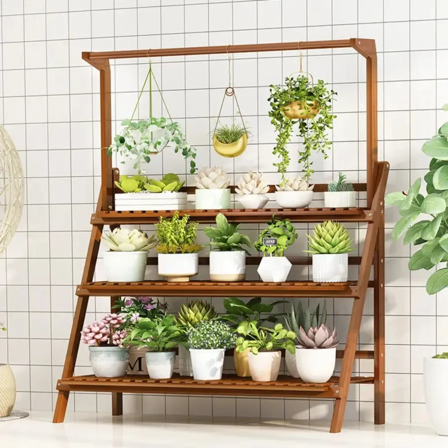 3 Tier Dark-Stained Bamboo Plant Shelving Unit with Hanging Rack