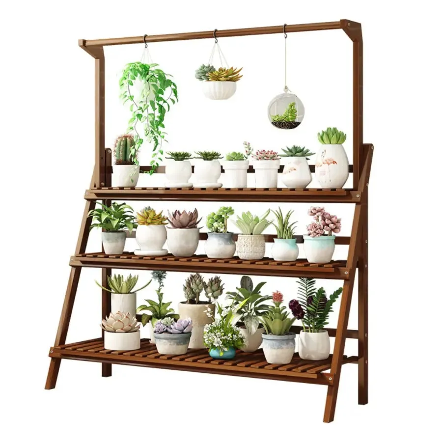 3 Tier Dark-Stained Bamboo Plant Shelving Unit with Hanging Rack