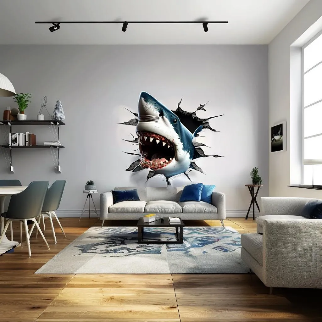 3D Great White Shark Wall Sticker | Realistic Shark Wall Decal | Underwater Adventure Home Decor | Unique Living Room Wall Art