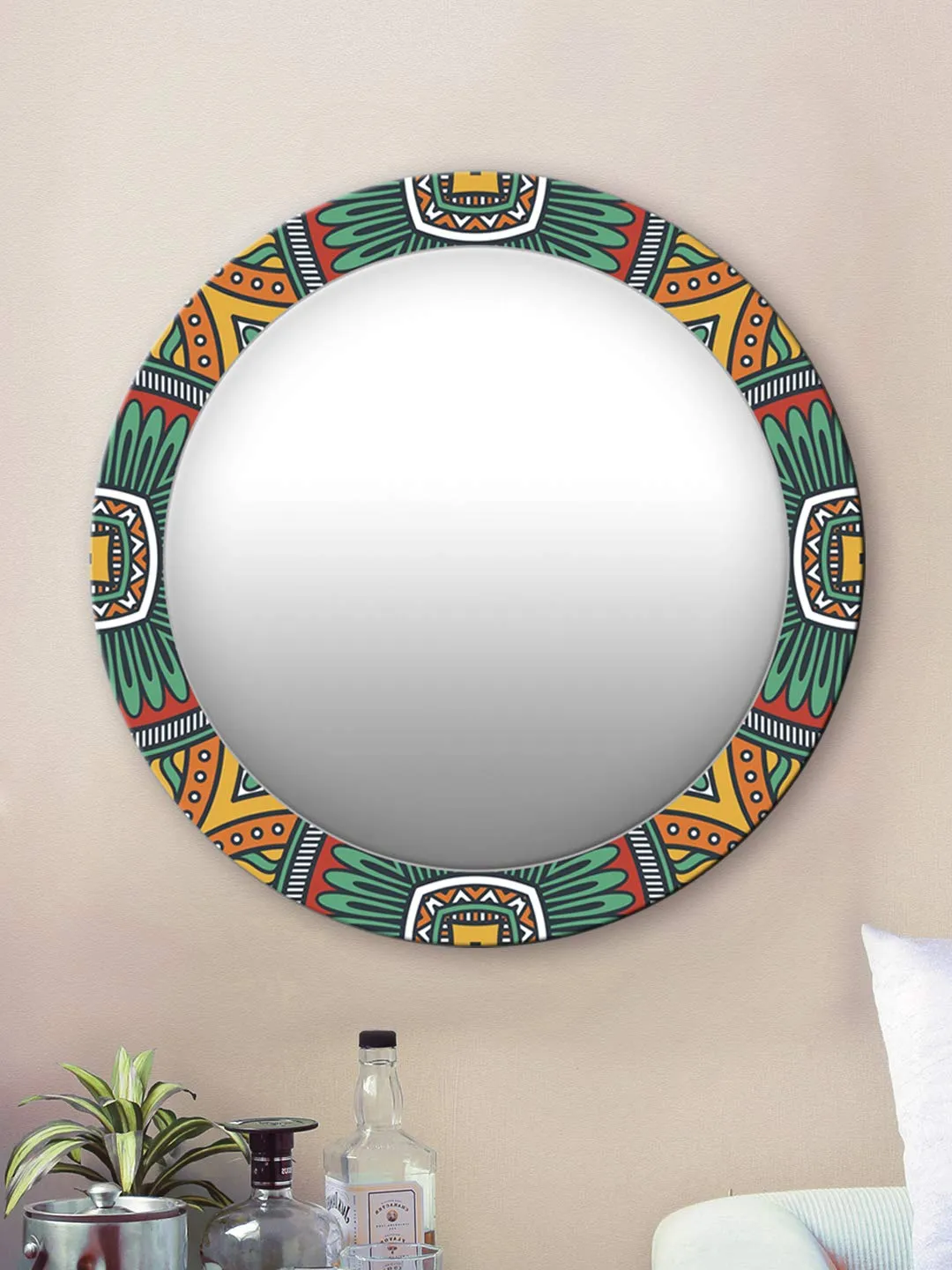 999STORE Printed Bathroom Round Mirror Wall Mirrors for Bedroom Green Leaves Pattern Round Mirror (MDF_17X17 Inch_Multi) MirrorRSZ1036