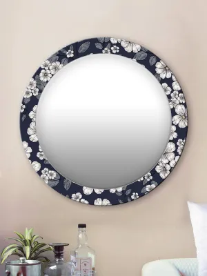 999STORE Printed Bedroom Accessories for Home Wall Decor Mirror for Living Room White Flowers and Leaves Round Mirror (MDF_17X17 Inch_Multi) MirrorRSZ1006