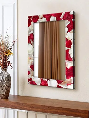 999STORE Printed Mirrors for wash Basin Shaving Mirror White Red Rose Flower washroom Bathroom Mirror (MDF_14X20 Inches) MirrorSMP272