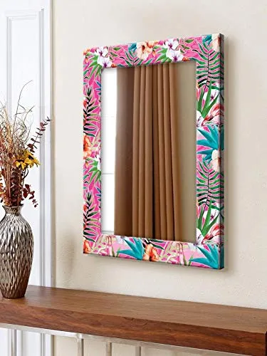 999STORE Printed Small Mirror for Wall Shaving Mirror Pink Flower washroom Bathroom Mirror (MDF_14X20 Inches) MirrorSMP141