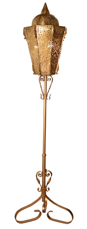 Antique Circa 1930s Exceptional Moorish Style Pierced Openwork Lantern Floor Lamp With Trident And Three Footed Scroll Details.