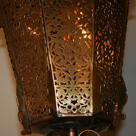 Antique Circa 1930s Exceptional Moorish Style Pierced Openwork Lantern Floor Lamp With Trident And Three Footed Scroll Details.