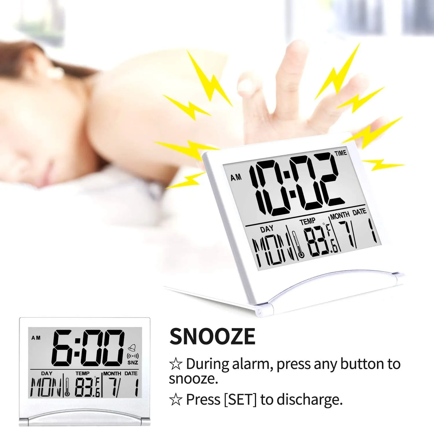 Betus Digital Travel Alarm Clock - Foldable Calendar Temperature Timer LCD Clock with Snooze Mode - Large Number Display, Battery Operated - Compact Desk Clock for All Ages (Silver, No Backlight)