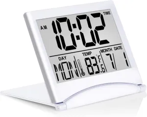 Betus Digital Travel Alarm Clock - Foldable Calendar Temperature Timer LCD Clock with Snooze Mode - Large Number Display, Battery Operated - Compact Desk Clock for All Ages (Silver, No Backlight)