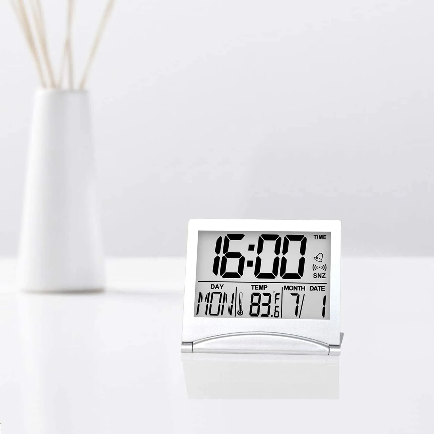 Betus Digital Travel Alarm Clock - Foldable Calendar Temperature Timer LCD Clock with Snooze Mode - Large Number Display, Battery Operated - Compact Desk Clock for All Ages (Silver, No Backlight)