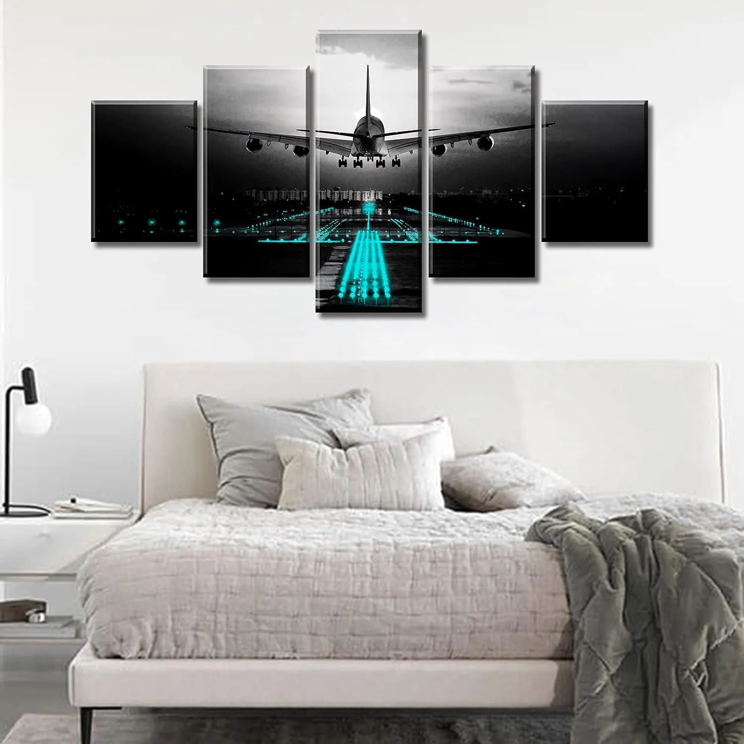 Boys Room Decor Black and White Wall Art Airplant Landing Pictures Modern Aviation Artwork Decorations 60" W X 32" H 5 Pieces