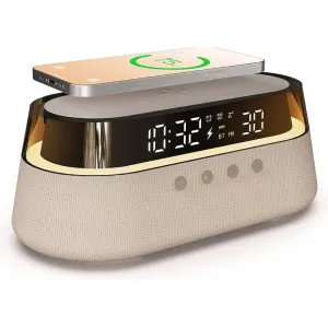 Clock Radio Glass Top - Wireless Charging, LED Lamp, Bluetooth Speaker