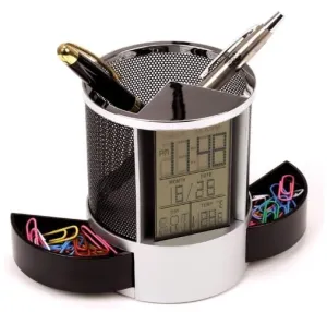 DHYANI Round Clock with Pen Holder Drawer Pen Pencil Holder Stand with Digital Alarm Clock Countdown Timer Temperature Display