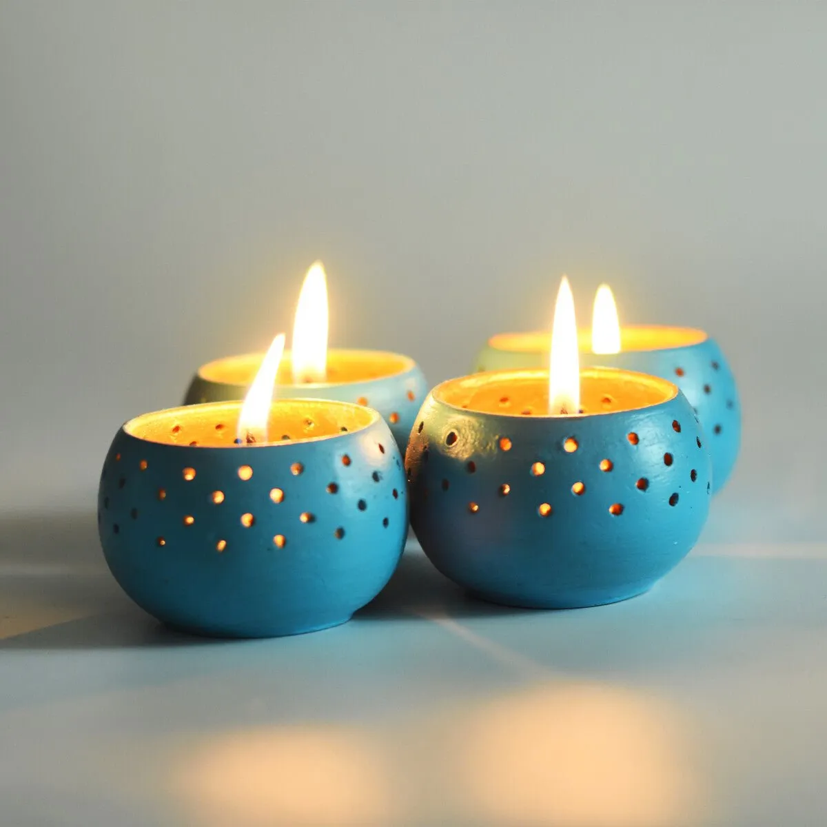Dome Sky Blue Handmade Candle Holders- Set of 4 with Free 4 Soywax Candles