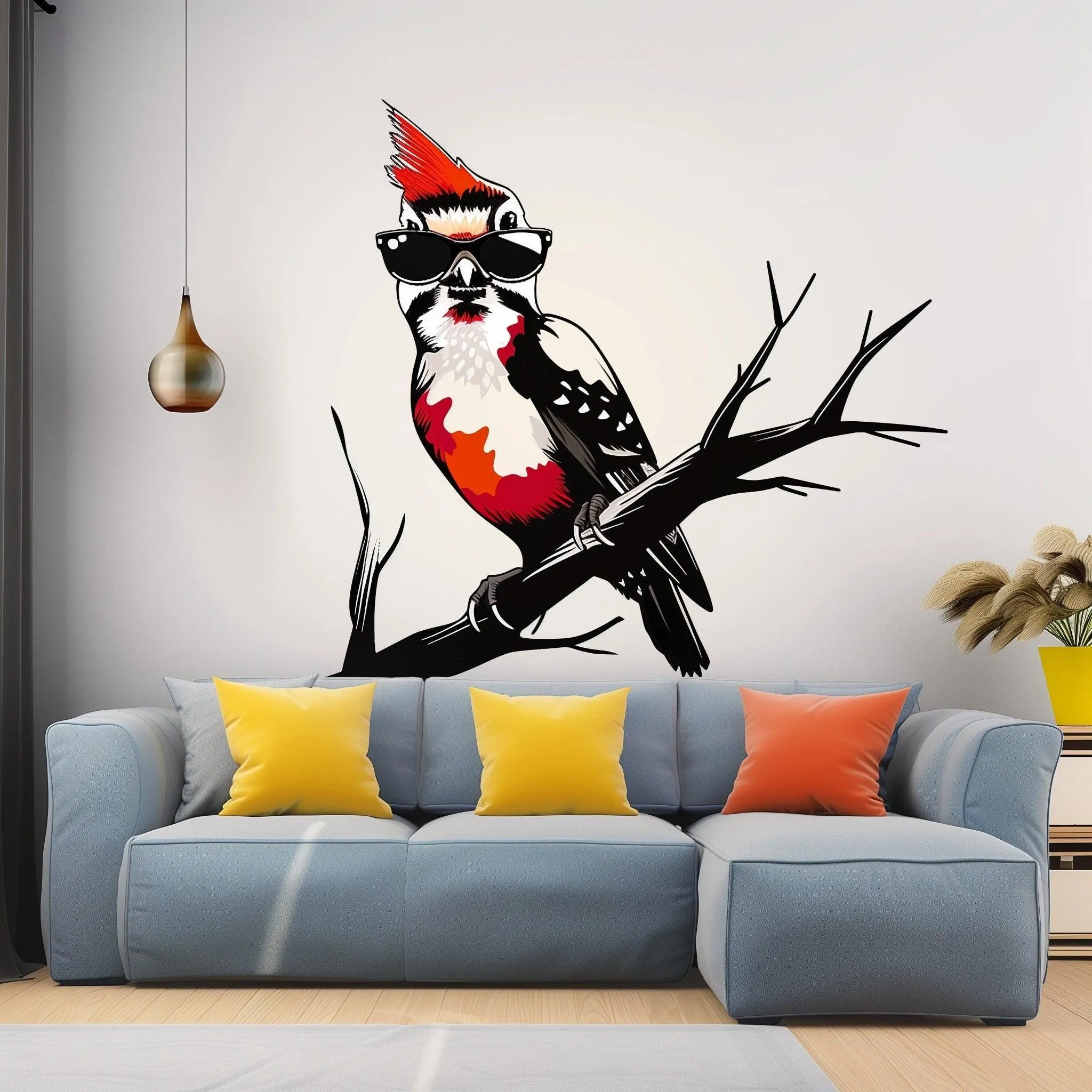 Downy Woodpecker Bird in Glasses Wall Sticker Decals - Perfect Room Decor for Nature Lovers