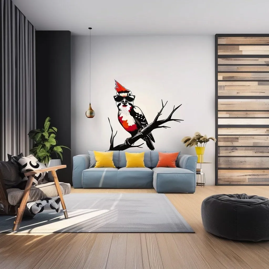 Downy Woodpecker Bird in Glasses Wall Sticker Decals - Perfect Room Decor for Nature Lovers