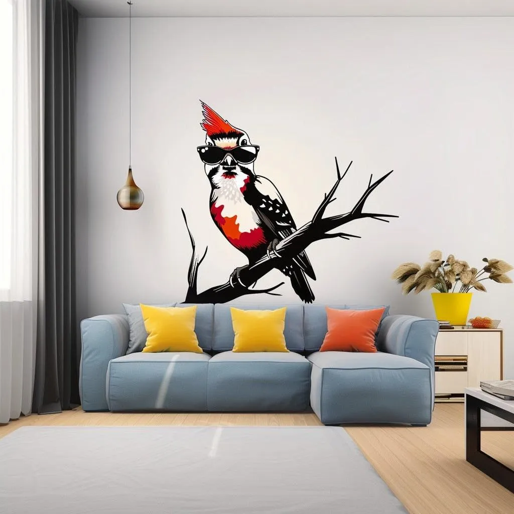 Downy Woodpecker Bird in Glasses Wall Sticker Decals - Perfect Room Decor for Nature Lovers