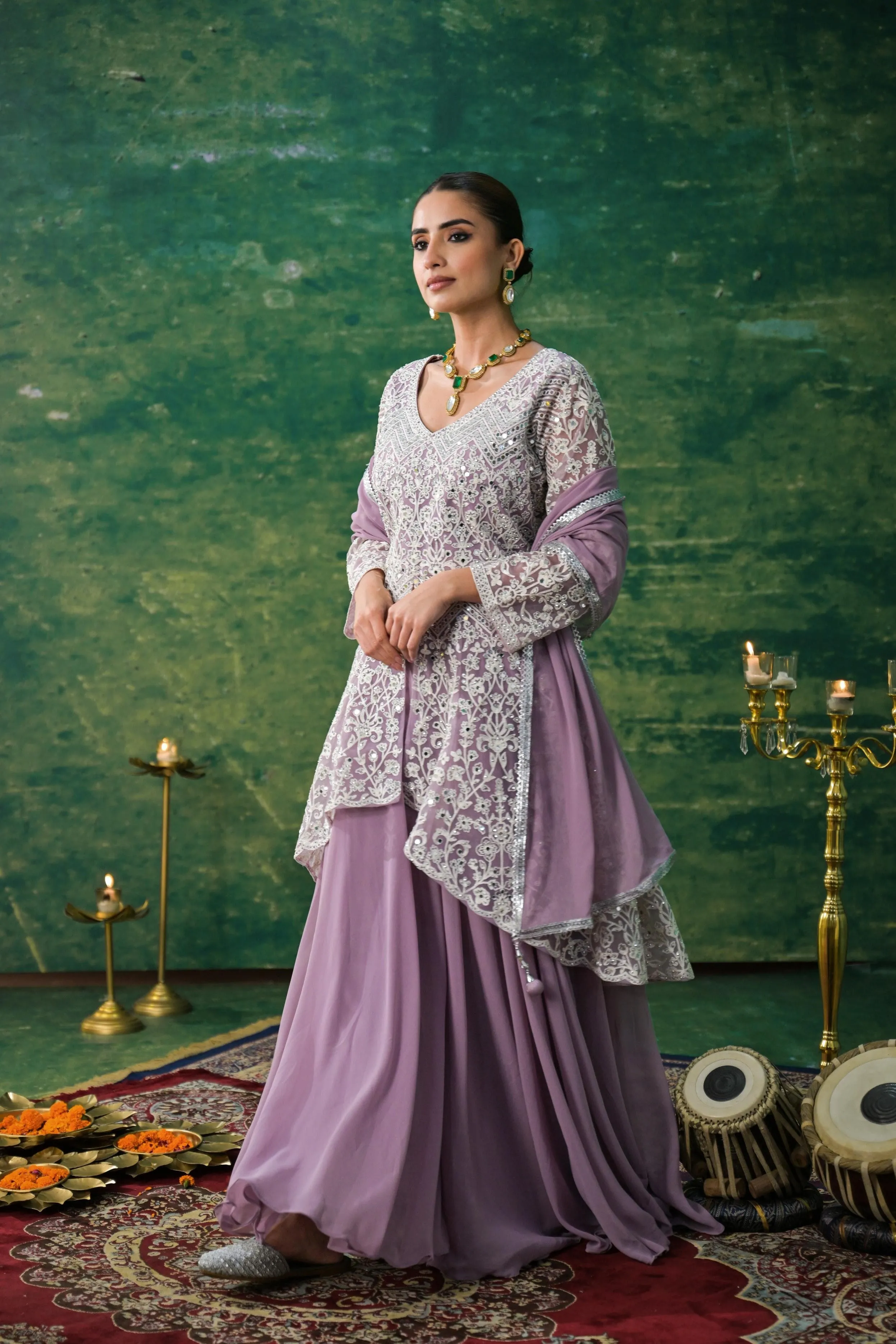 Dusty Mauve Embellished Swiss Georgette Silk Palazzo Set