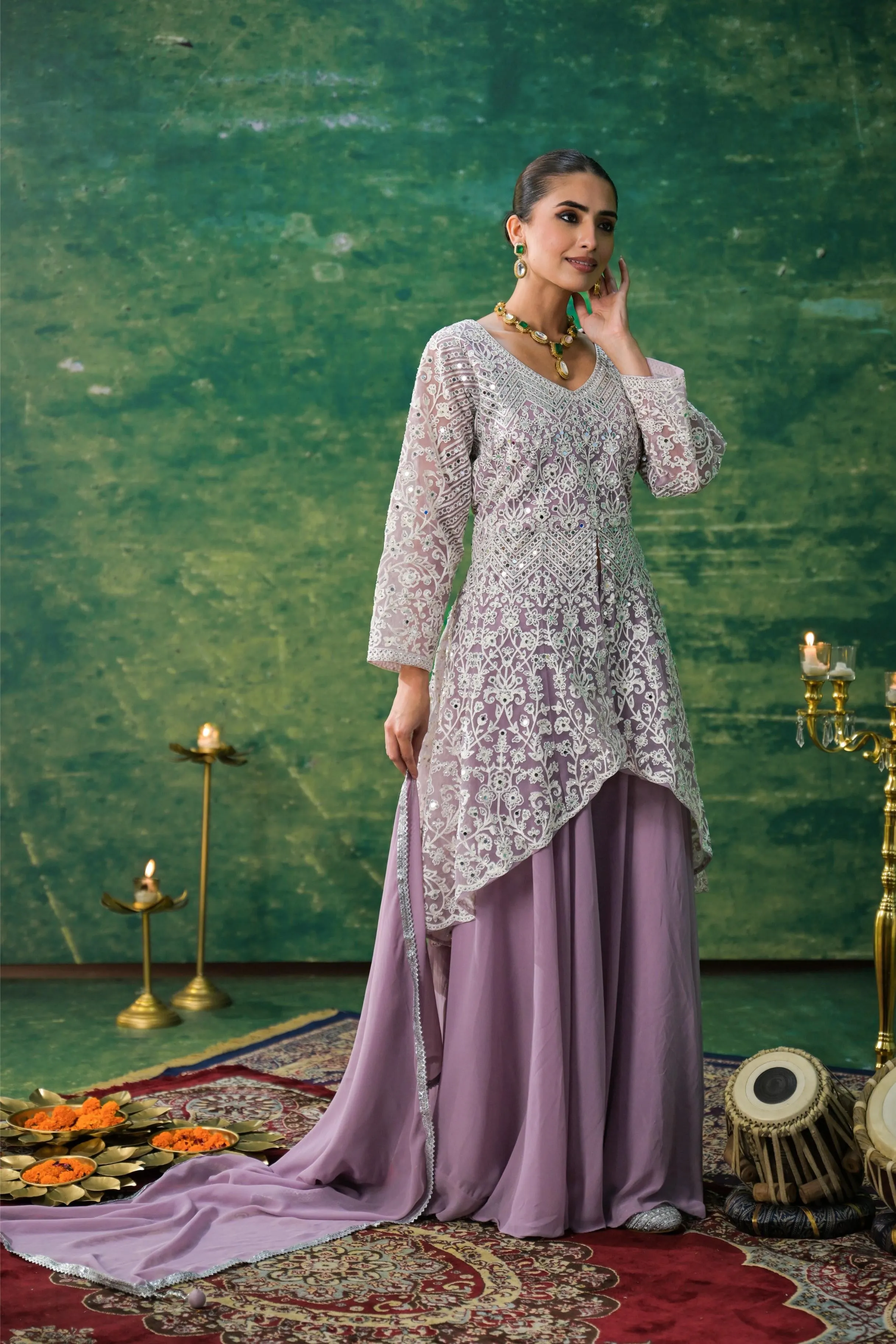 Dusty Mauve Embellished Swiss Georgette Silk Palazzo Set