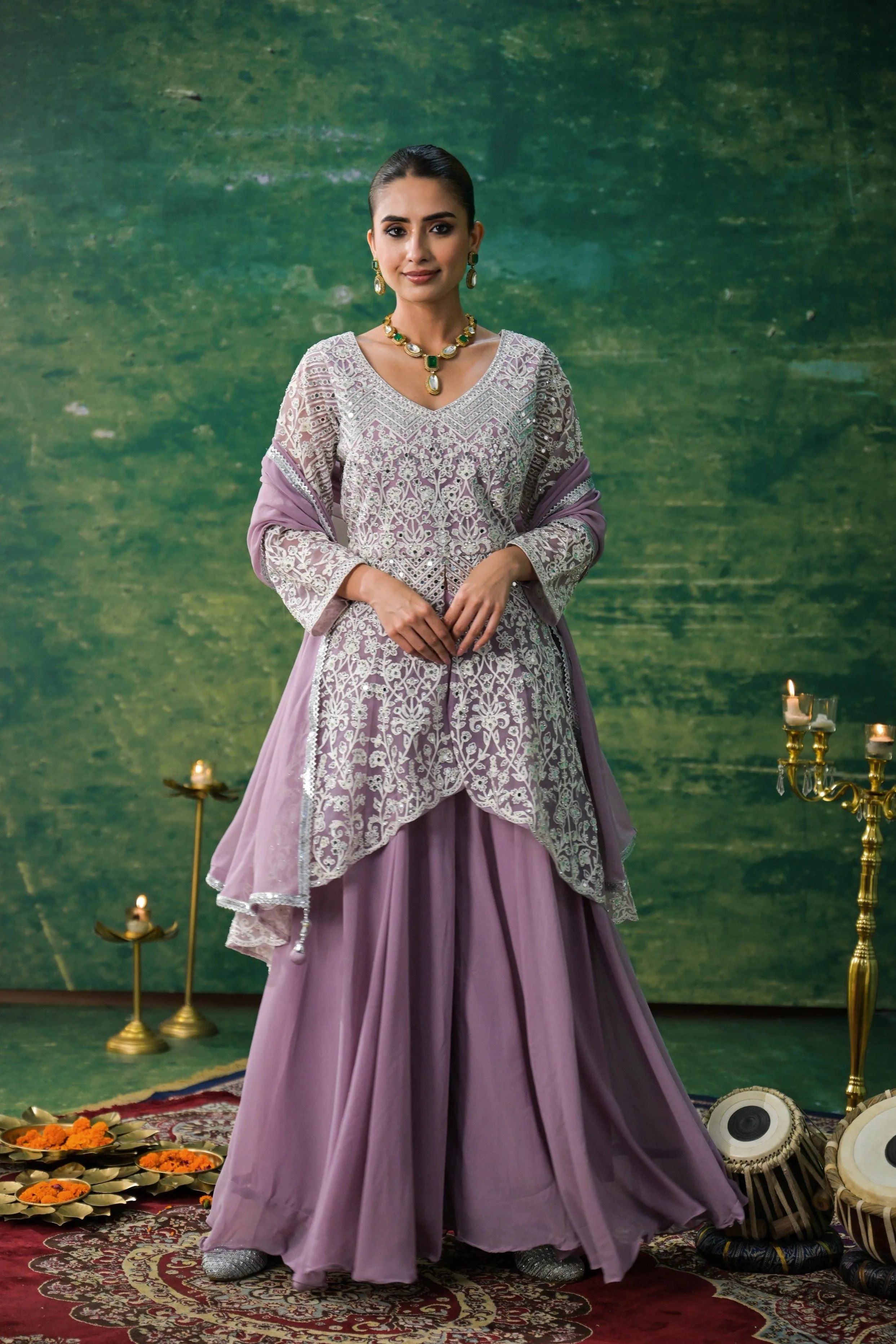 Dusty Mauve Embellished Swiss Georgette Silk Palazzo Set