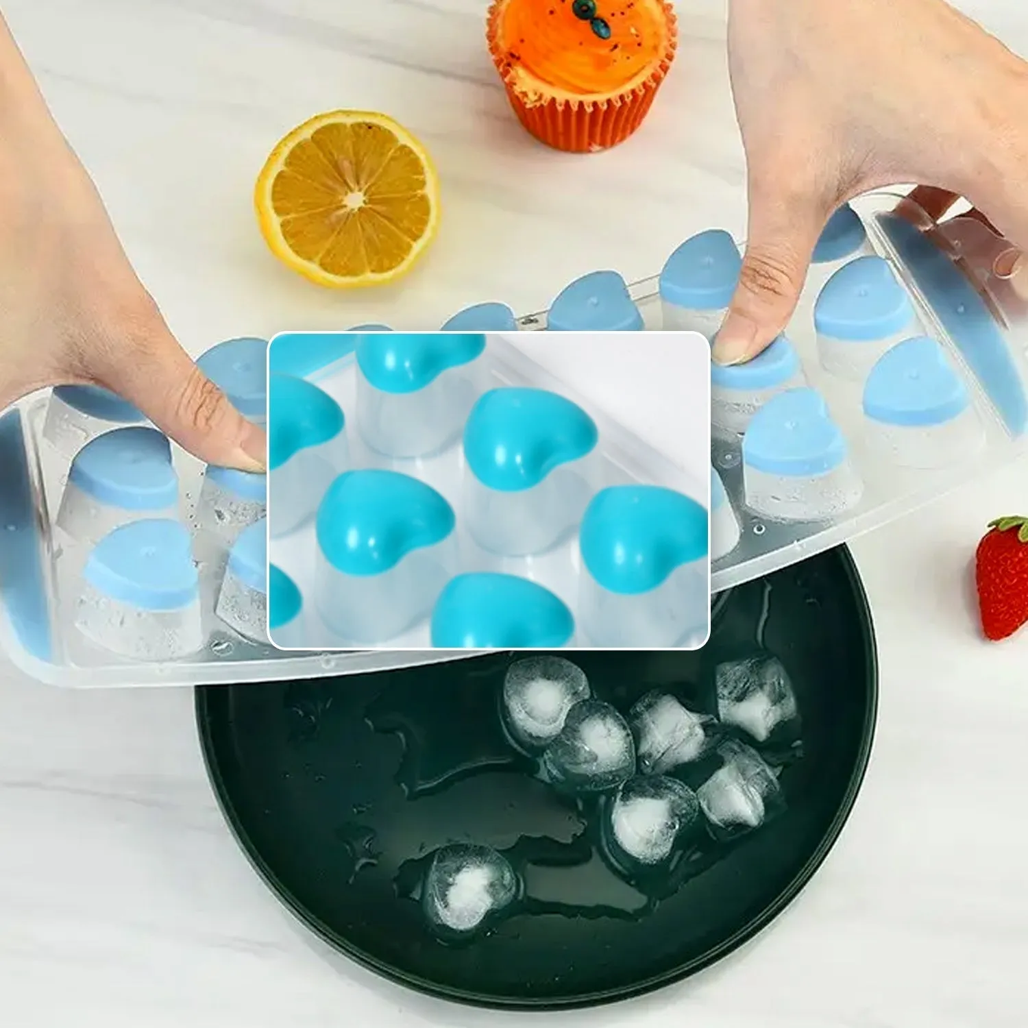 Easy Push Premium POP-UP ice Tray, With Flexible Silicon Bottom and Lid, Heart Shape 18 Cube Trays