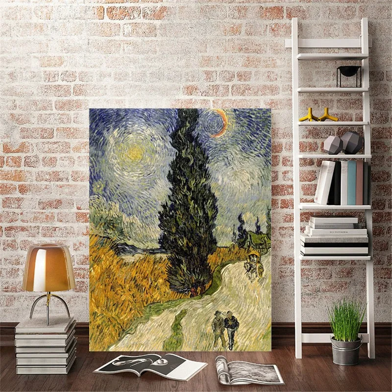 Famous Van Gogh Paintings, Road with Cypress Under Starry Sky, Poster Fine Art Canvas Print Wall Art Classic Art Paintings For Modern Home Decor