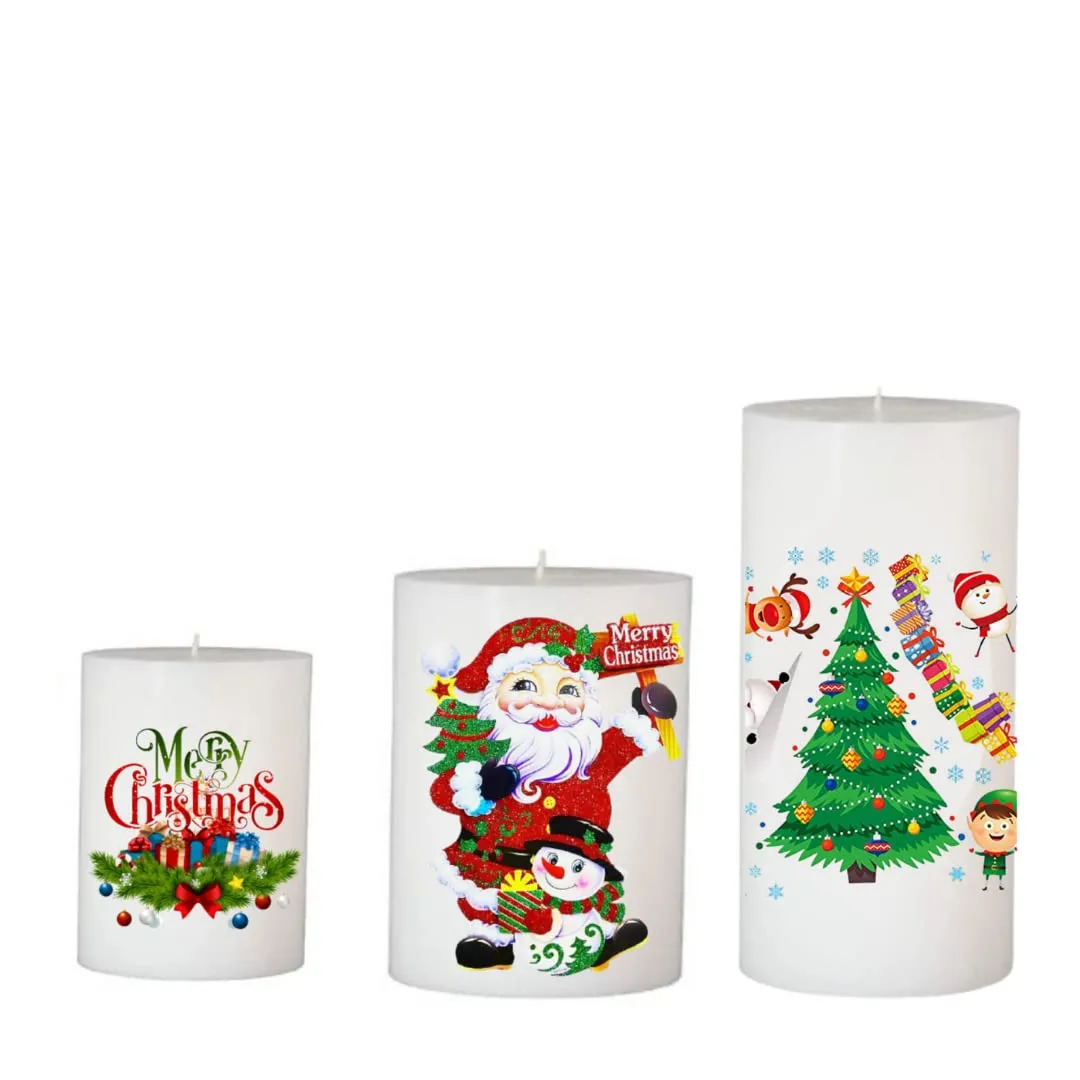 Floryn Decor� Christmas Candles | Christmas Printed Candles | Candles for Decoration | Christmas Pillar Candles (Merry Christmas | Santa Clause | Xmas Tree, Pack of 3(3 by 3 | 3 by 4 | 3 by 6))