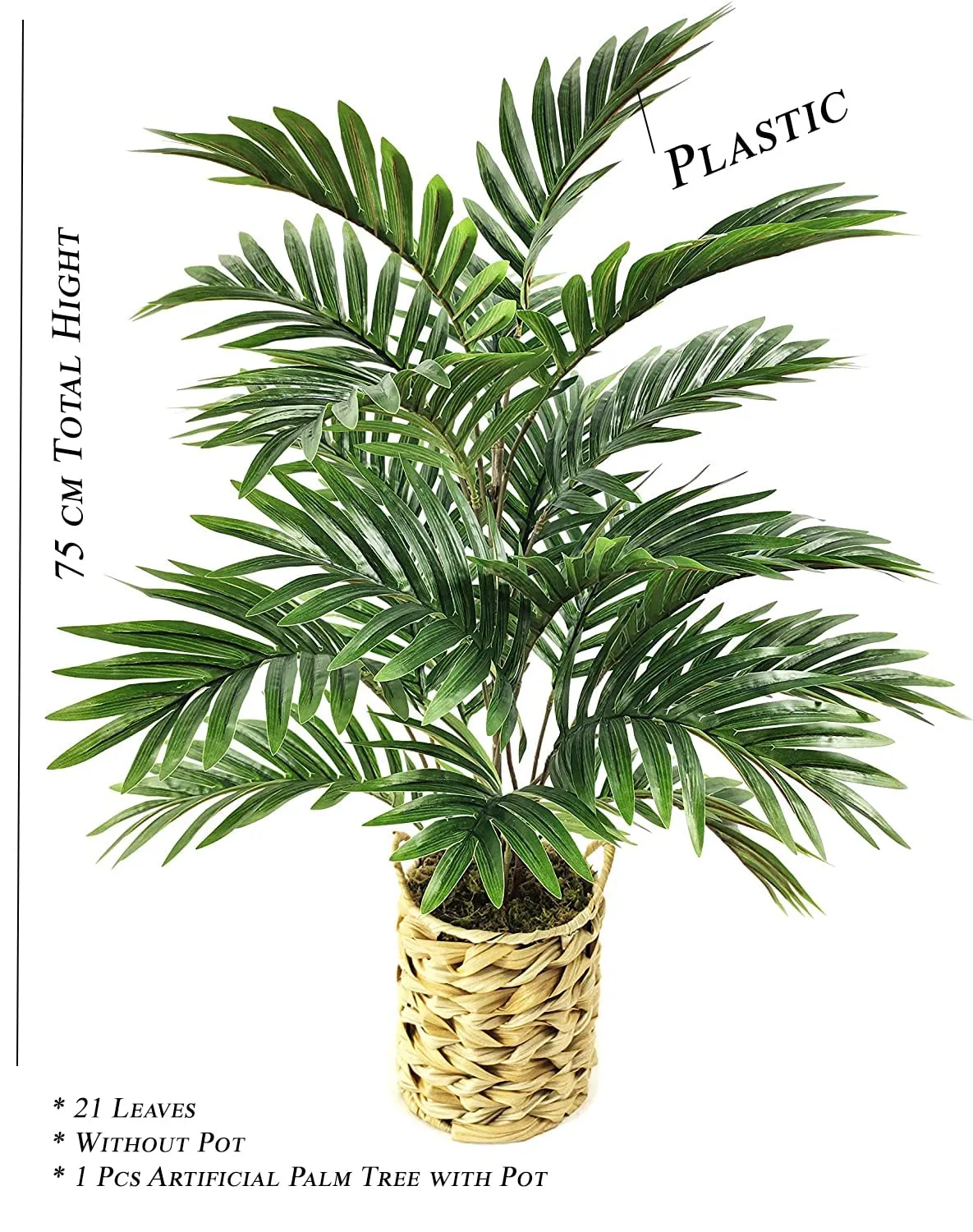 Fourwalls Beautiful Artificial Areca Palm Plant Without Vase (21 Leaves, 75 cm Tall, Green, Set of 2)