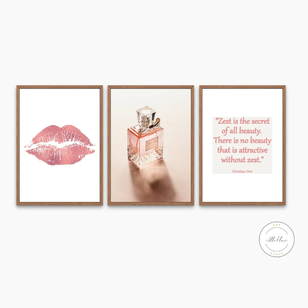 Glam Room Decor Set Of Three PRINTABLE WALL ART, Luxury Fashion Digital Poster, Designer Poster, Pastel Pink Wall Art, Glam Decor, Kiss Print