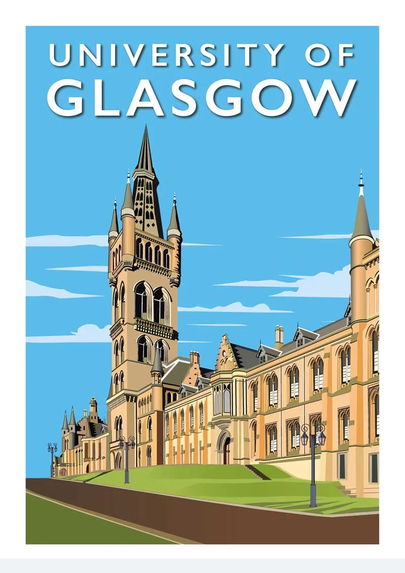 Glasgow University - Stunning Hand-Drawn Vintage Travel Style Wall Art Poster