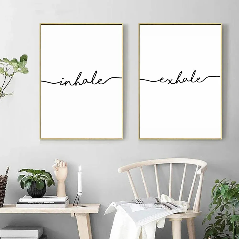Inhale Exhale Word Art Canvas Prints Minimalist Quotations Black White Letters Poster Art Abstract Paintings Salon Wall Art For Modern Home Decor