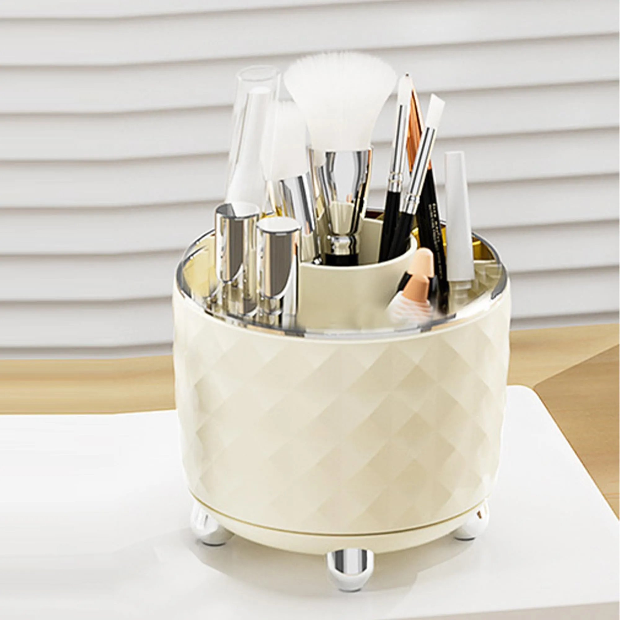 Kuber Industries Pack of 4 Multipurpose Storage Holder | Decorative Crystal Finish Stylish Look | Makeup Brush Holder | Desk Storage Container | YM.6698CS | Cream Silver