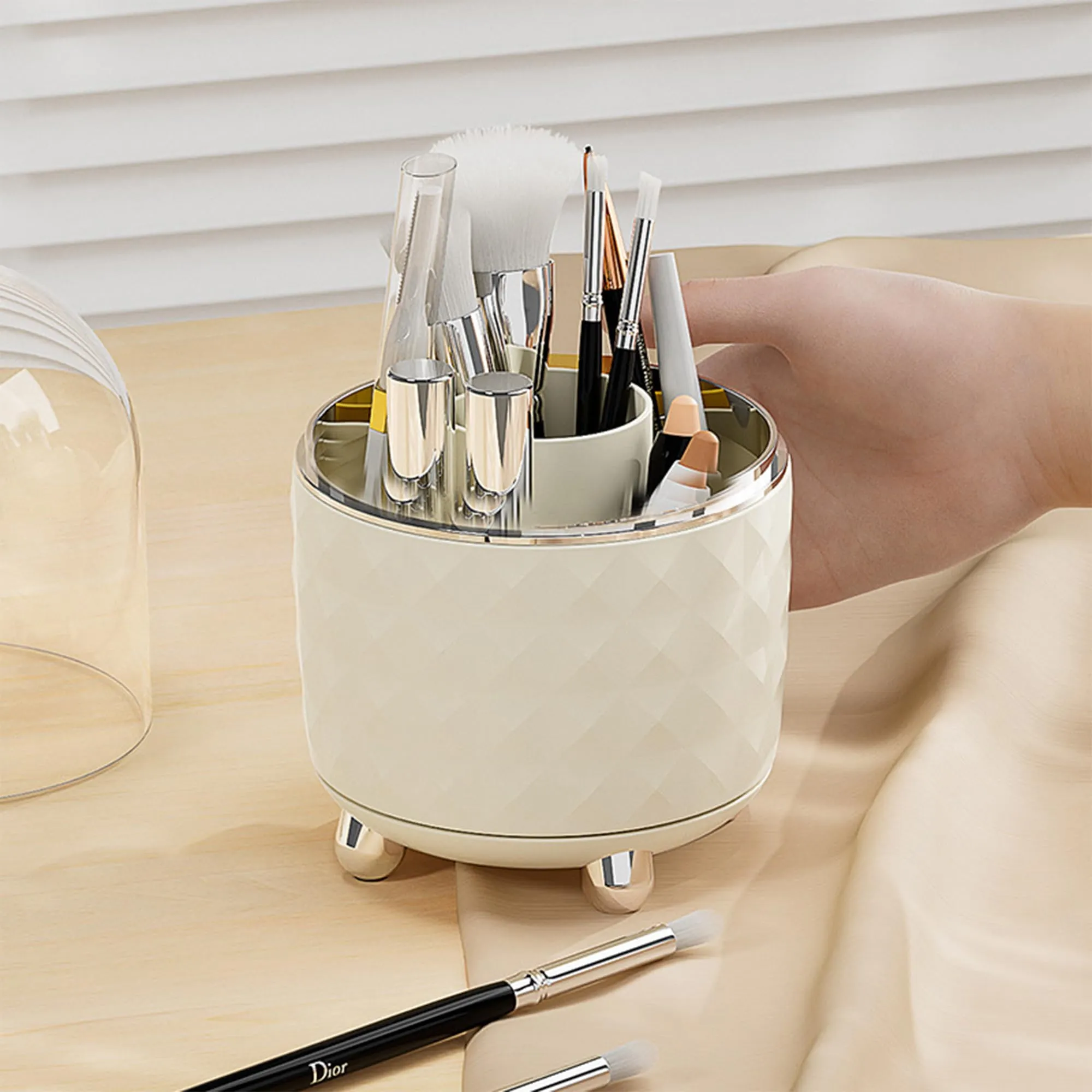 Kuber Industries Pack of 4 Multipurpose Storage Holder | Decorative Crystal Finish Stylish Look | Makeup Brush Holder | Desk Storage Container | YM.6698CS | Cream Silver