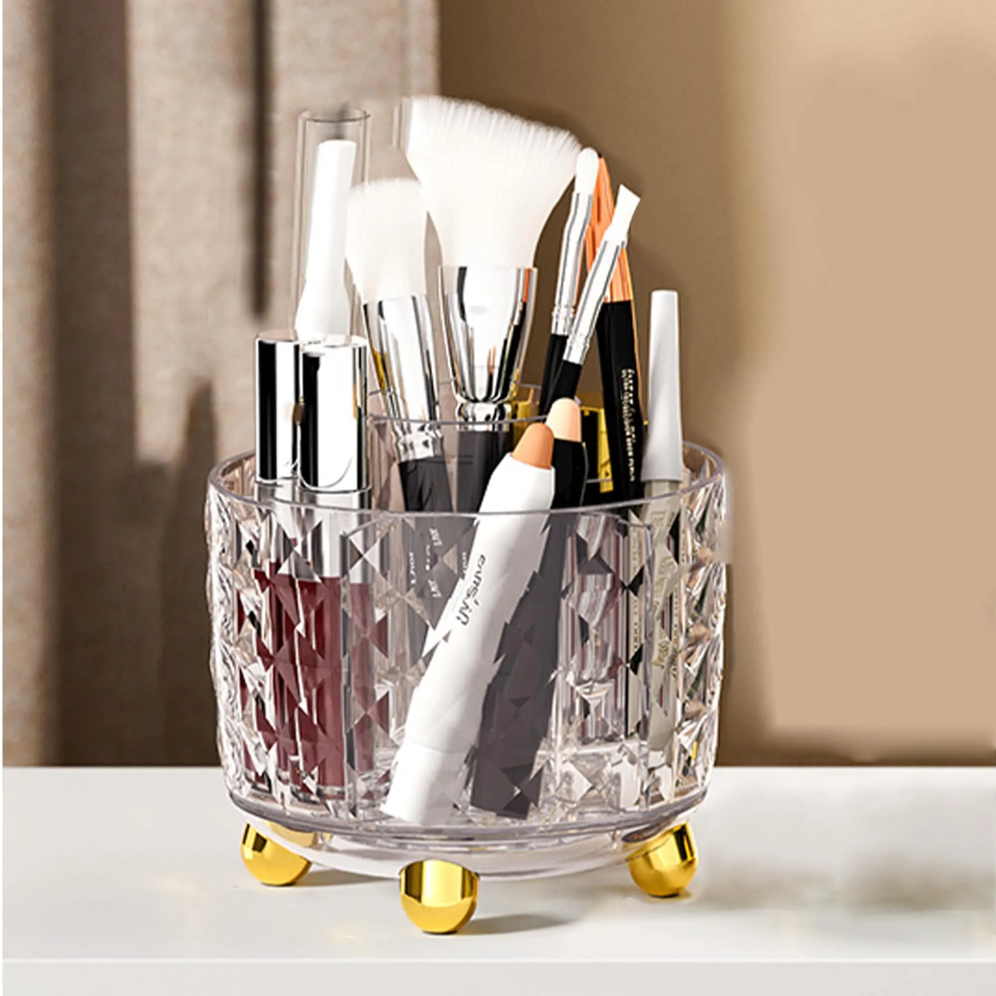 Kuber Industries Pack of 6 Multipurpose Storage Holder | Decorative Crystal Finish Stylish Look | Makeup Brush Holder | Desk Storage Container | YM.6698T | Transparent Gold