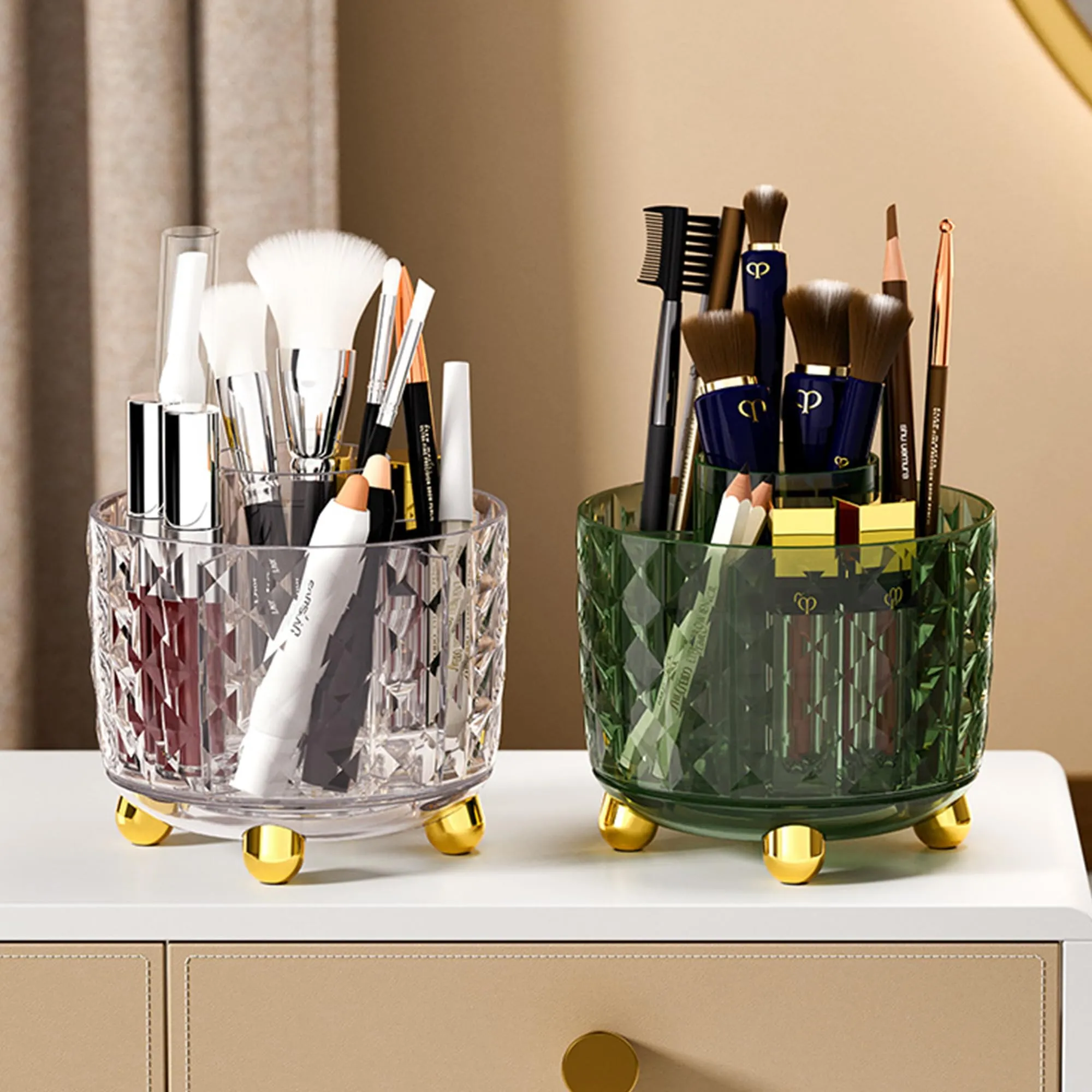 Kuber Industries Pack of 6 Multipurpose Storage Holder | Decorative Crystal Finish Stylish Look | Makeup Brush Holder | Desk Storage Container | YM.6698T | Transparent Gold