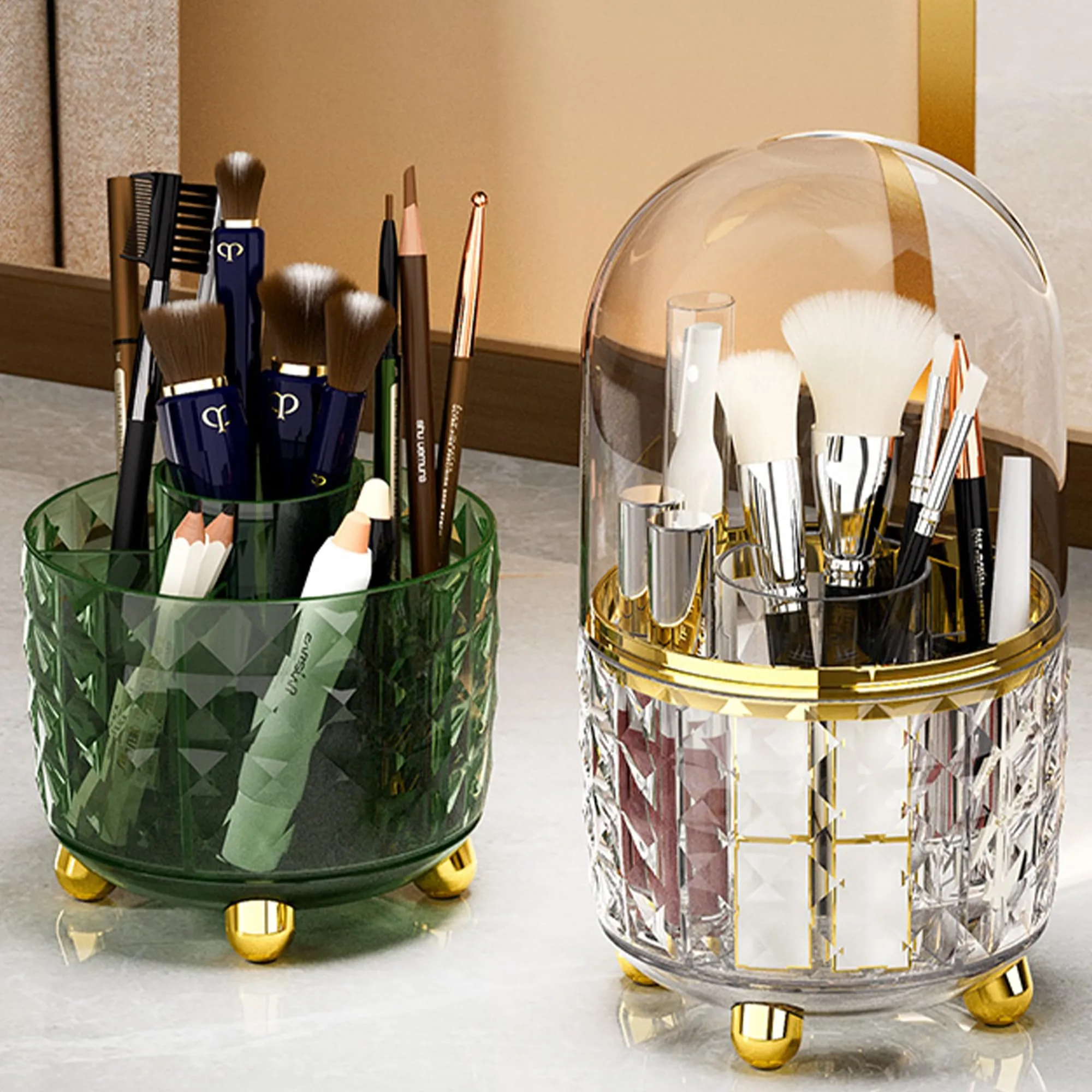 Kuber Industries Pack of 6 Multipurpose Storage Holder | Decorative Crystal Finish Stylish Look | Makeup Brush Holder | Desk Storage Container | YM.6698T | Transparent Gold