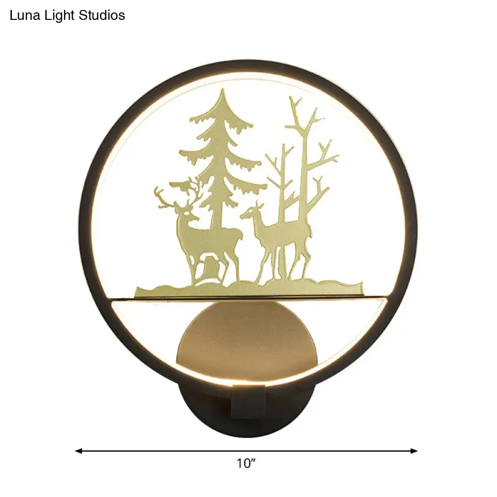 LED Elk Patterned Wall Mural Light: Minimalist Black Wall Lighting Idea with Metallic Shade