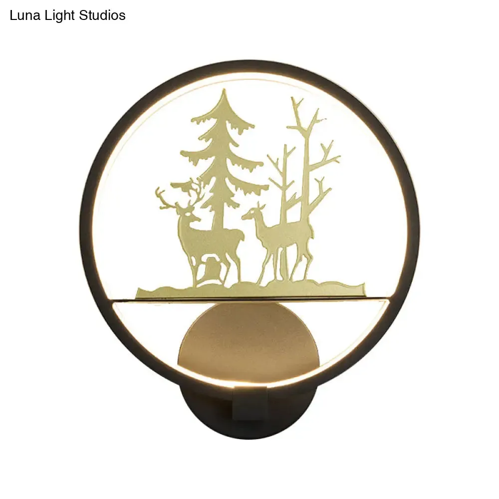 LED Elk Patterned Wall Mural Light: Minimalist Black Wall Lighting Idea with Metallic Shade