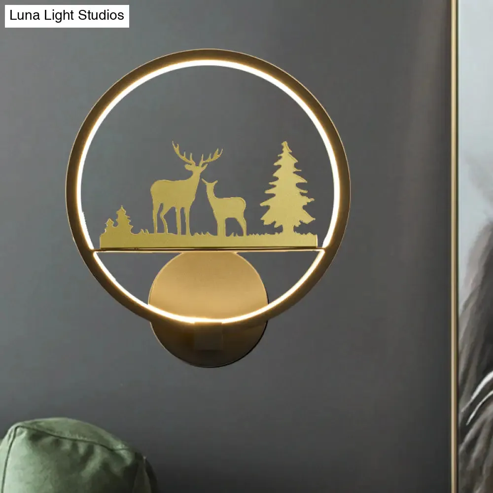 LED Elk Patterned Wall Mural Light: Minimalist Black Wall Lighting Idea with Metallic Shade