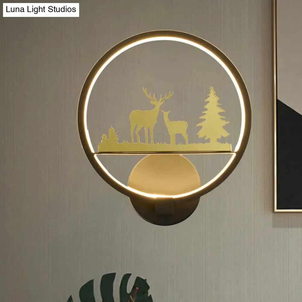 LED Elk Patterned Wall Mural Light: Minimalist Black Wall Lighting Idea with Metallic Shade