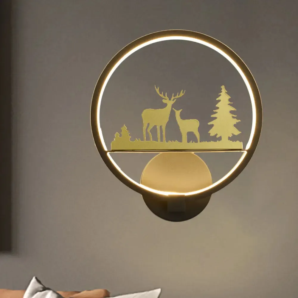 LED Elk Patterned Wall Mural Light: Minimalist Black Wall Lighting Idea with Metallic Shade