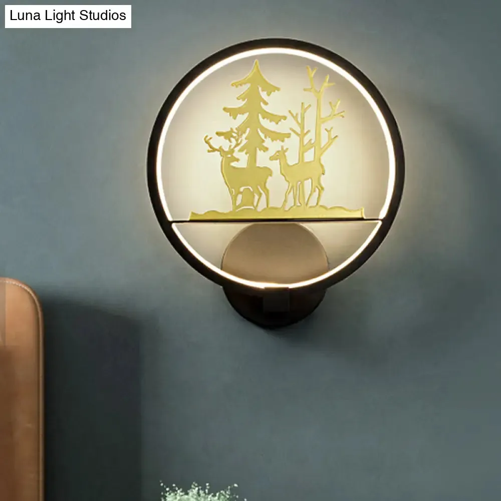 LED Elk Patterned Wall Mural Light: Minimalist Black Wall Lighting Idea with Metallic Shade