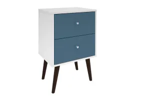 Liberty Mid-Century - Modern Nightstand 2.0 with 2 Full Extension Drawers in White and Aqua Blue with Solid Wood Legs