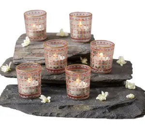 MiRooh Surajmukhi Burgandy Pattern Glass Votive Candle Set for Home Decoration (Set of 6)