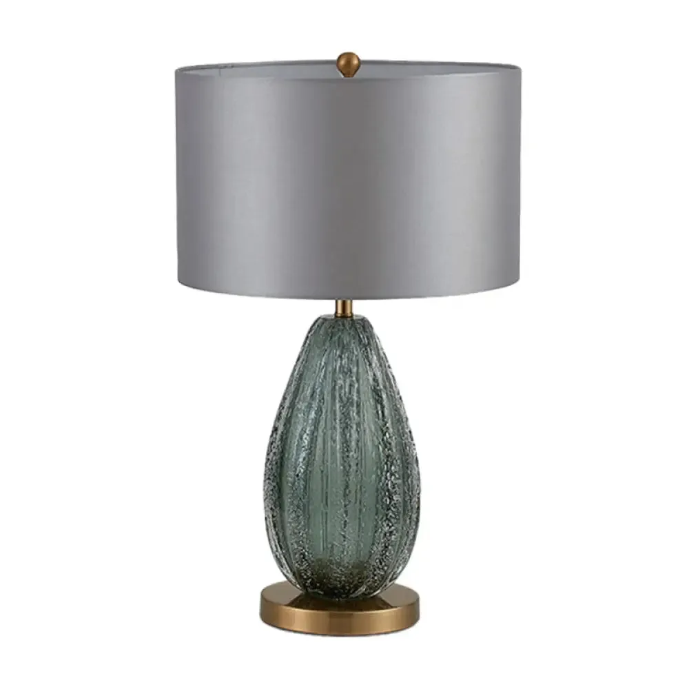 Modern Blue Seeded Glass Ellipse Night Lamp - Grey Table Light with Drum Fabric Shade (12"/15" W)