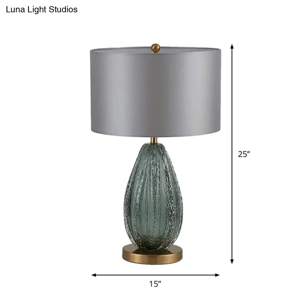 Modern Blue Seeded Glass Ellipse Night Lamp - Grey Table Light with Drum Fabric Shade (12"/15" W)