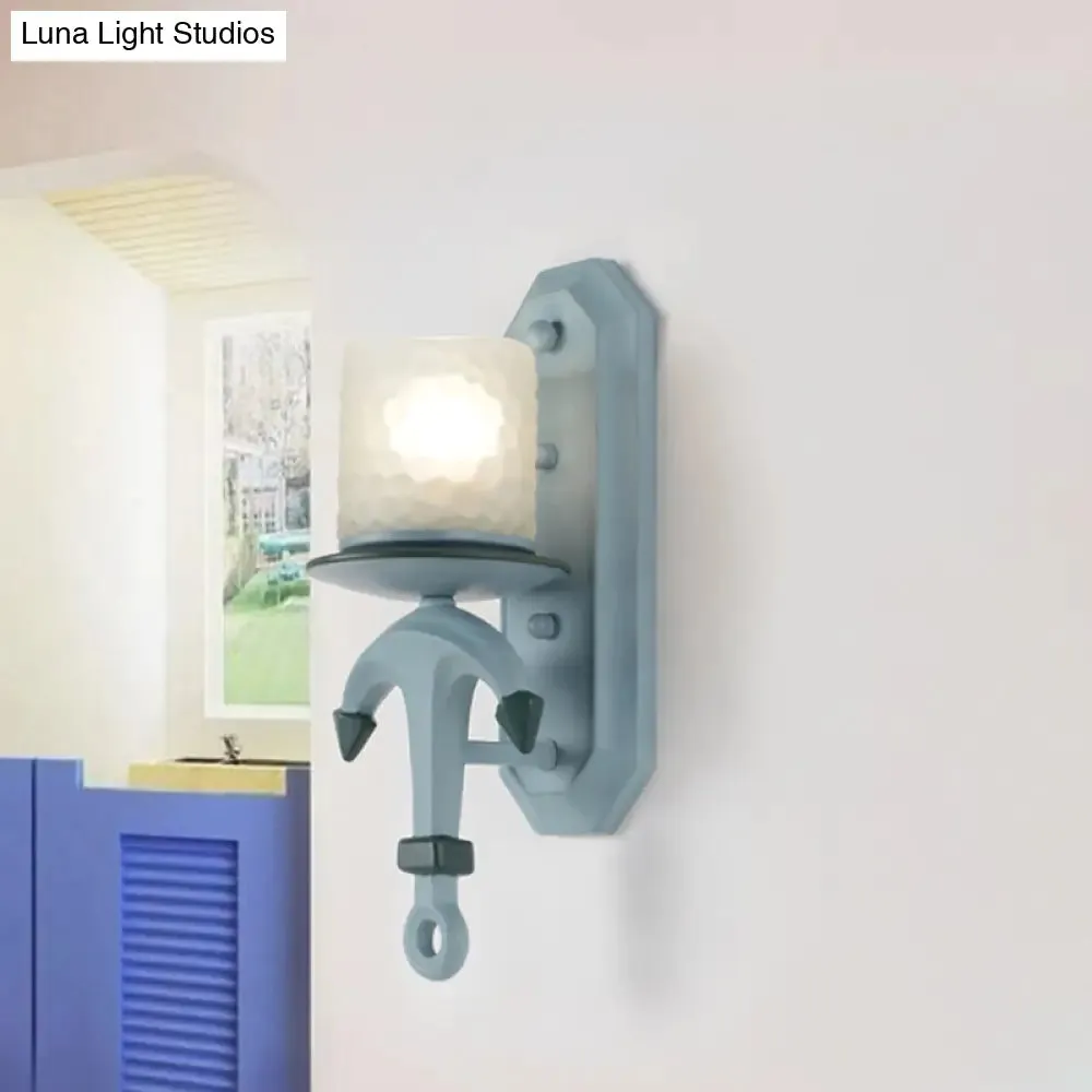 Nautical Blue Glass Cylinder Wall Light with Resin Anchor Deco - Wall Mount Lamp