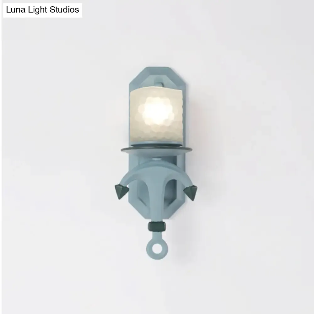 Nautical Blue Glass Cylinder Wall Light with Resin Anchor Deco - Wall Mount Lamp