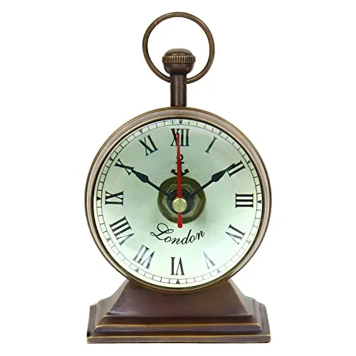 NOOR COLLECTION Handmade Antique Brass Table Top Clock   Compass Clock Rounded Shape Bold Nmber London Style Home Office Study Living Room Decor Gift (Table Clock 5 Inch)