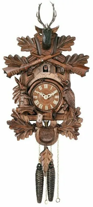 One Day Hunter's Cuckoo Clock with Hand-carved Oak Leaves, Animals, Crossed Rifles, and Buck