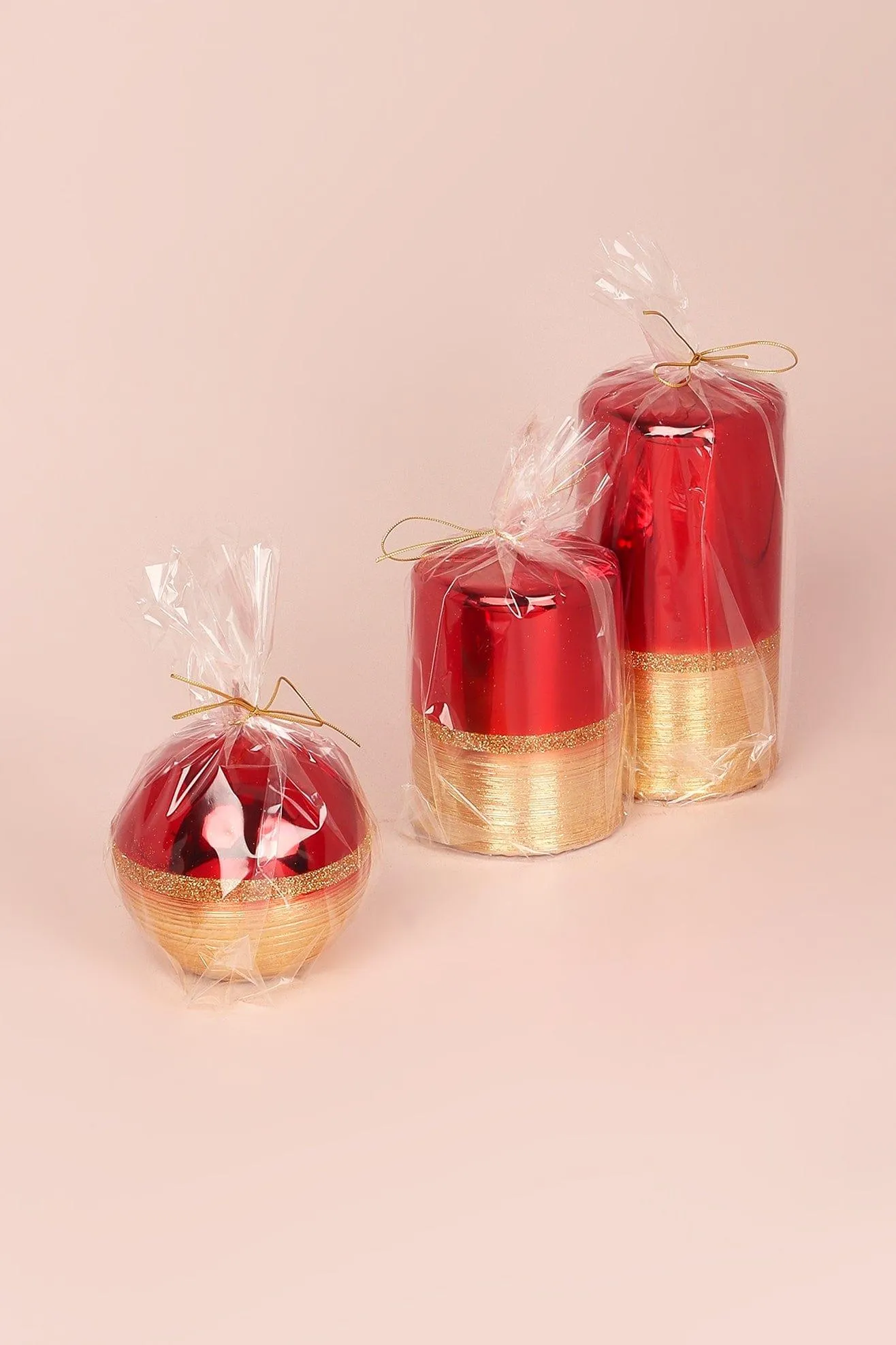 Red and Gold Two Tone Glitter Glass Effect Reflecting Plain Gloss Pillar Candles